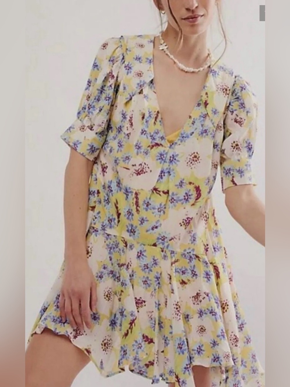 NEW FREE PEOPLE LEMON COMBO SUGAR CRUSH FLORAL DROP WAIST BABYDOLL MINI DRESS S